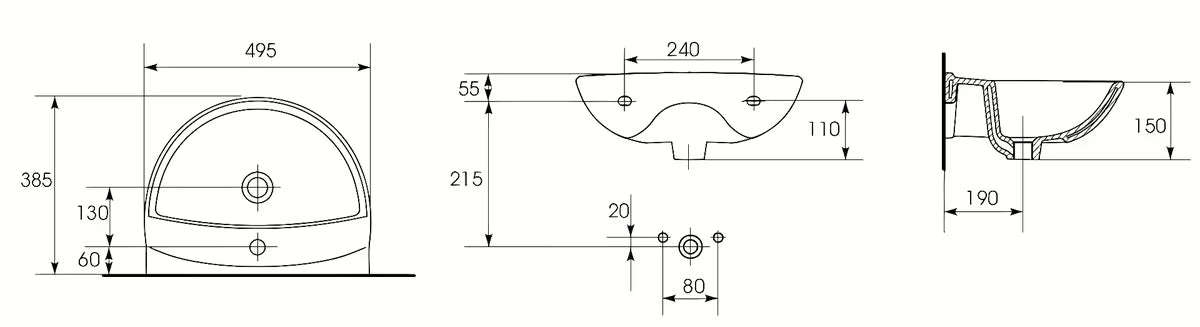 Viseče keramički umivaonik S-Line Pro 49,5 x 38,5 cm u bijeloj boji s preljevom i otvorom pro za slavinu