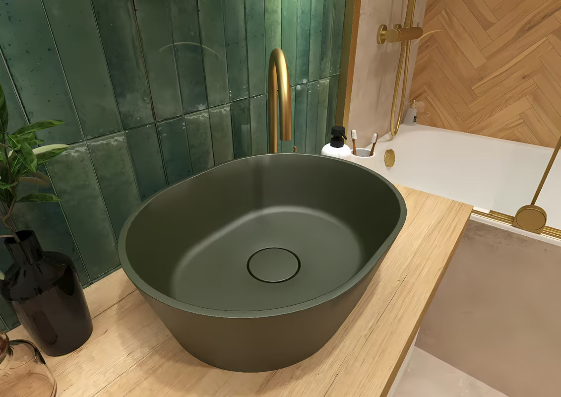 Zeleni umivalnik na ploščo SAT Aula od lijevanog mramora brez odprtine za armaturo i brez preliva