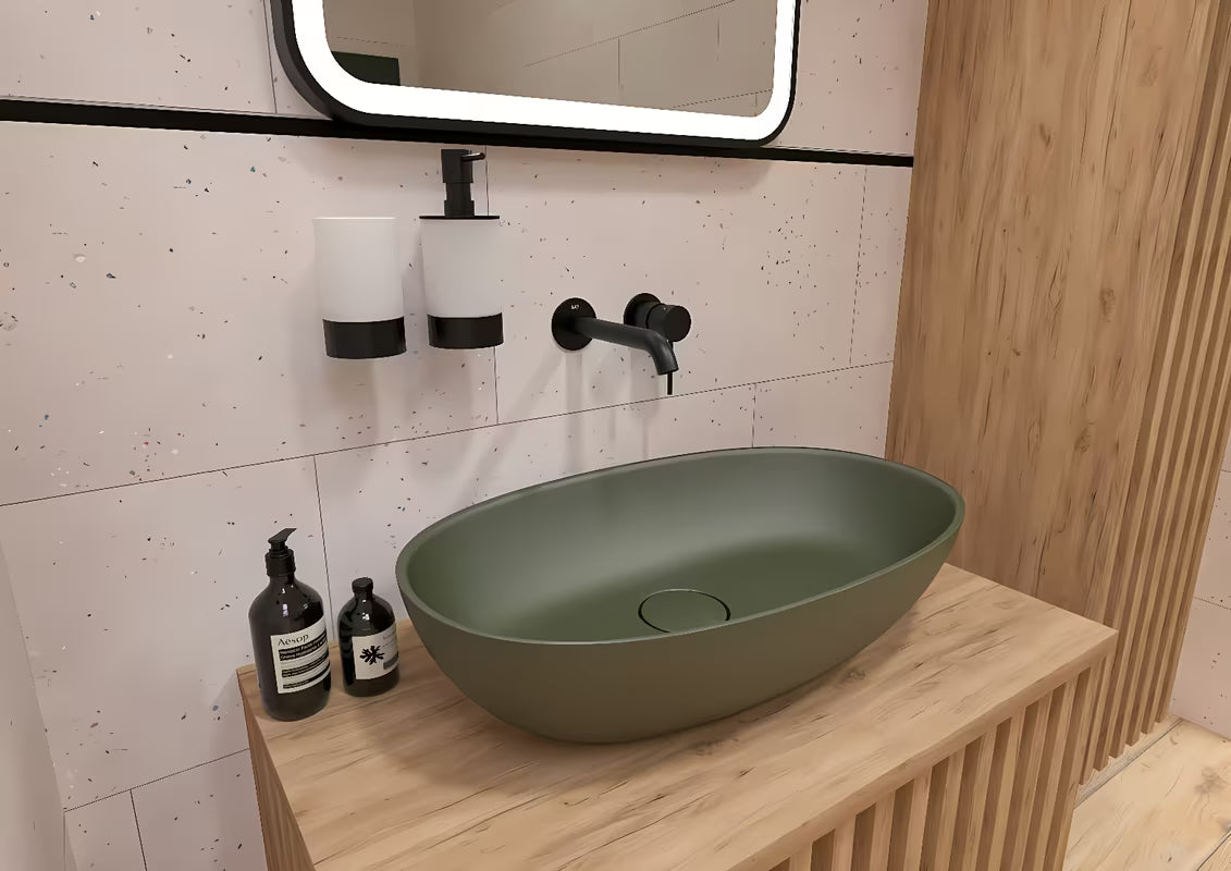 Zeleni umivalnik na ploščo SAT Aula 60x36 cm od lijevanog mramora brez preliva