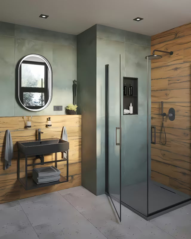 Tuš niša SAT Aurum od nehrđajućeg čelika u crnoj mat boji s okvirom i dodatnom policom