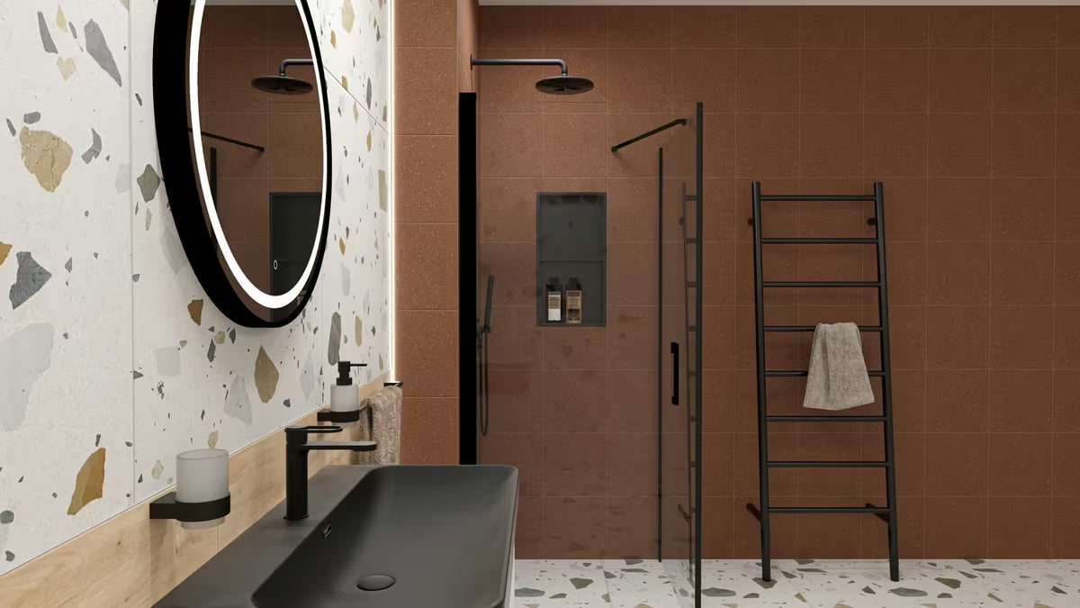 Tuš niša SAT Aurum od nehrđajućeg čelika u mat crnoj boji s okvirom i dodatnom policom