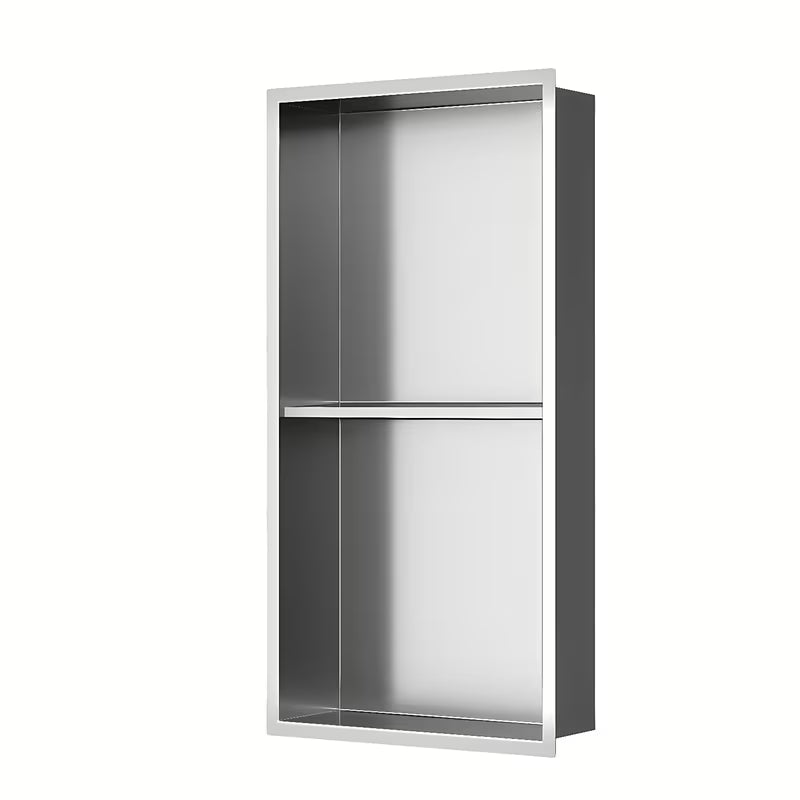 Ugradbena dvostruka tuš polica SAT Aurum od nehrđajućeg čelika u boji brušenog čelika s okvirom.