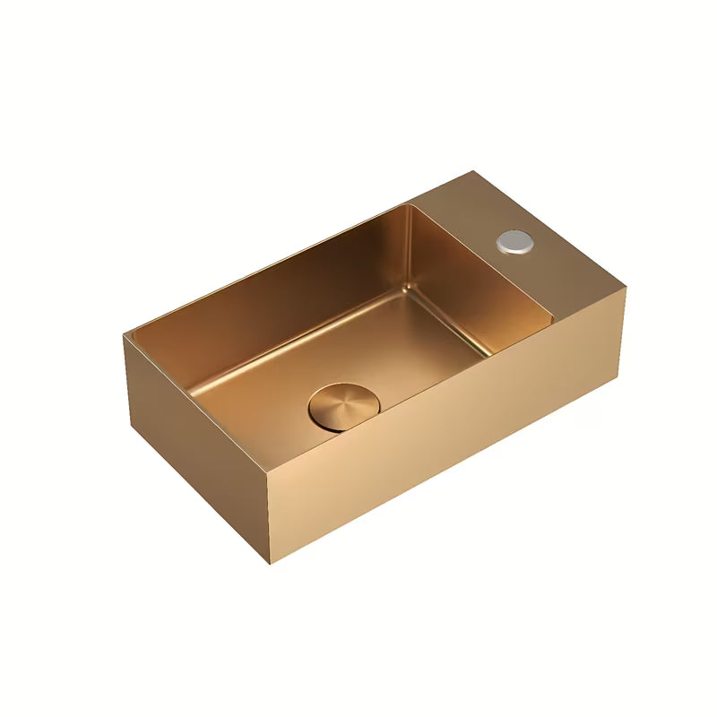 Viseče pomivalnik iz nerjavečega jekla SAT Aurum v rožnato zlati barvi (rosegold), dimenzije 40 x 22 cm.