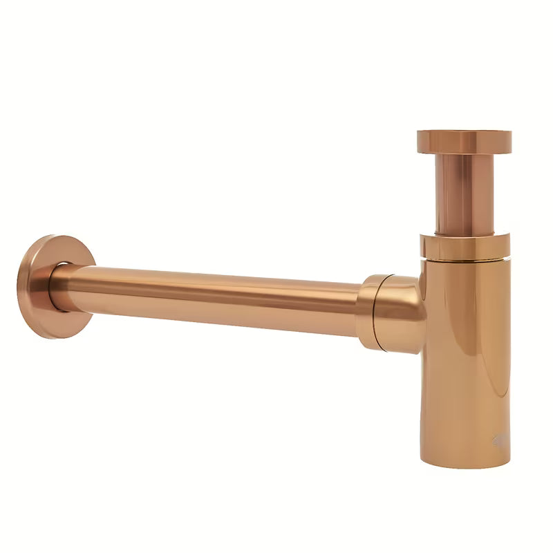 Mjedeni sifon za umivalnik SAT Aurum u boji rose gold, okruglog dizajna i promjera 32 mm.