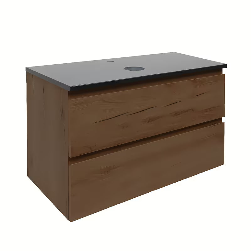 Viseča kopalniška omarica SAT B-Way u dekoru oraha s crnim metalnim okvirom i pokrovnom pločom