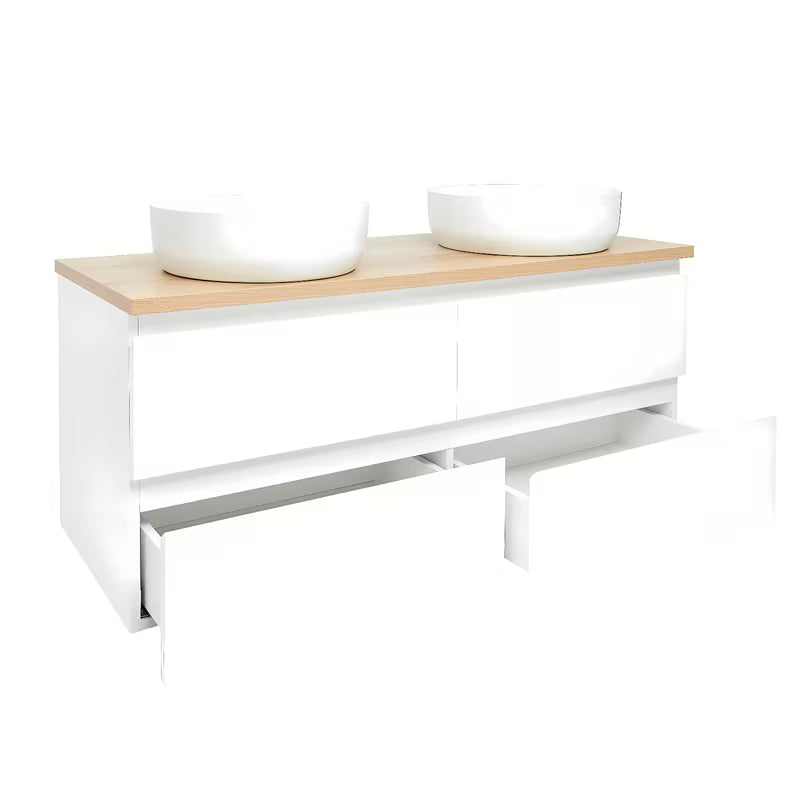 Viseča ormarić s umivaonicima SAT B-Way u sjajno bijeloj boji s pokrivno ploščo u dekoru hrasta