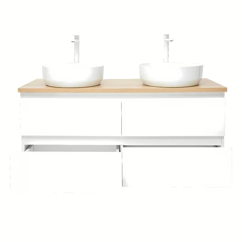 Viseča kopalniška omarica SAT B-Way u sjajno bijeloj boji s hrastovom pločom i dva umivaonika na pult