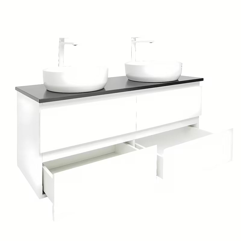 Viseča kopalniška omarica s umivaonicima SAT B-Way u bijelom sjaju s pločom od umjetnog kamena