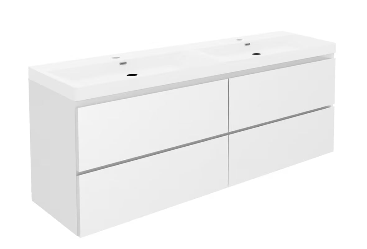 Viseča kopalniška omarica s keramičkim umivaonikom SAT B-Way u sjajno bijeloj boji s četiri ladice.