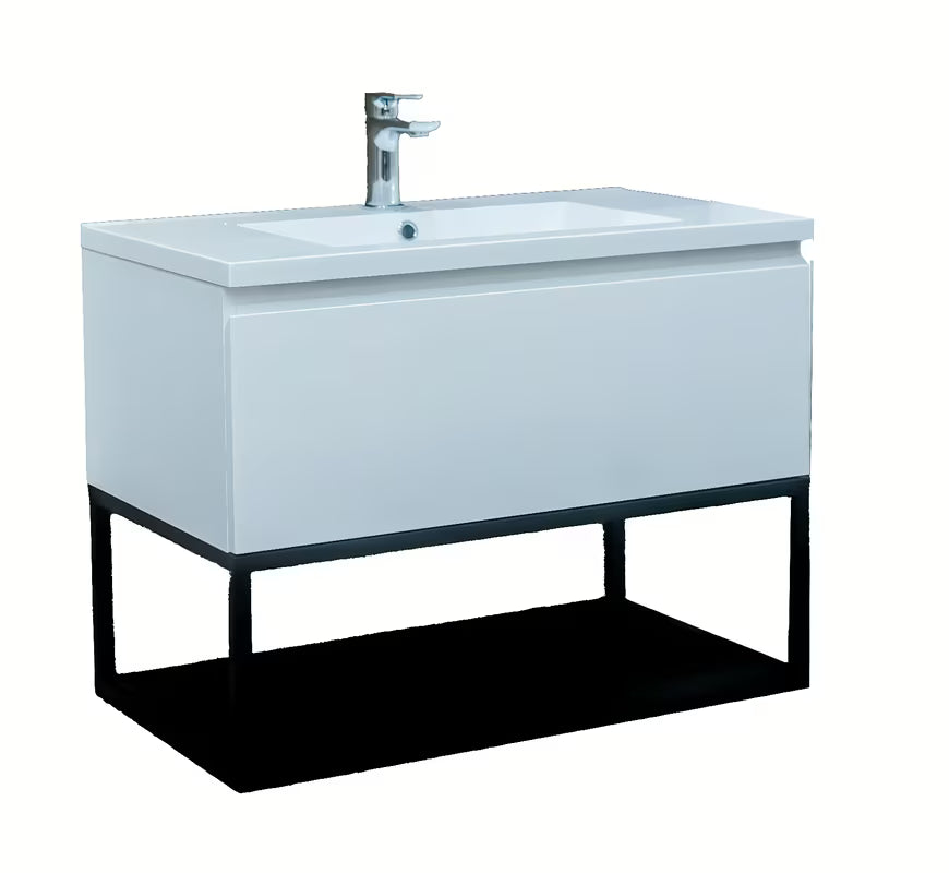 Viseča omarica z umivalnikom SAT B-Way u bijeloj sjajnoj izvedbi s crnim metalnim okvirom.