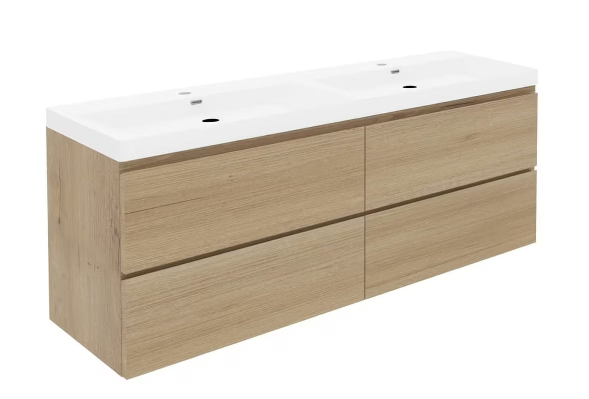 Viseča kopalniška omarica s keramičkim umivaonikom SAT B-Way u dekoru hrasta, 4 ladice