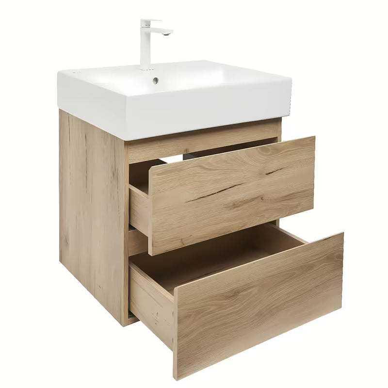 Viseča kopalniška omarica SAT B-Way u dekoru hrasta s keramičkim umivaonikom