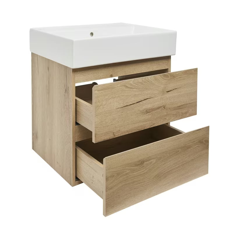 Viseča kopalniška omarica SAT B-Way u dekoru hrasta s keramičkim umivaonikom i dvije ladice.