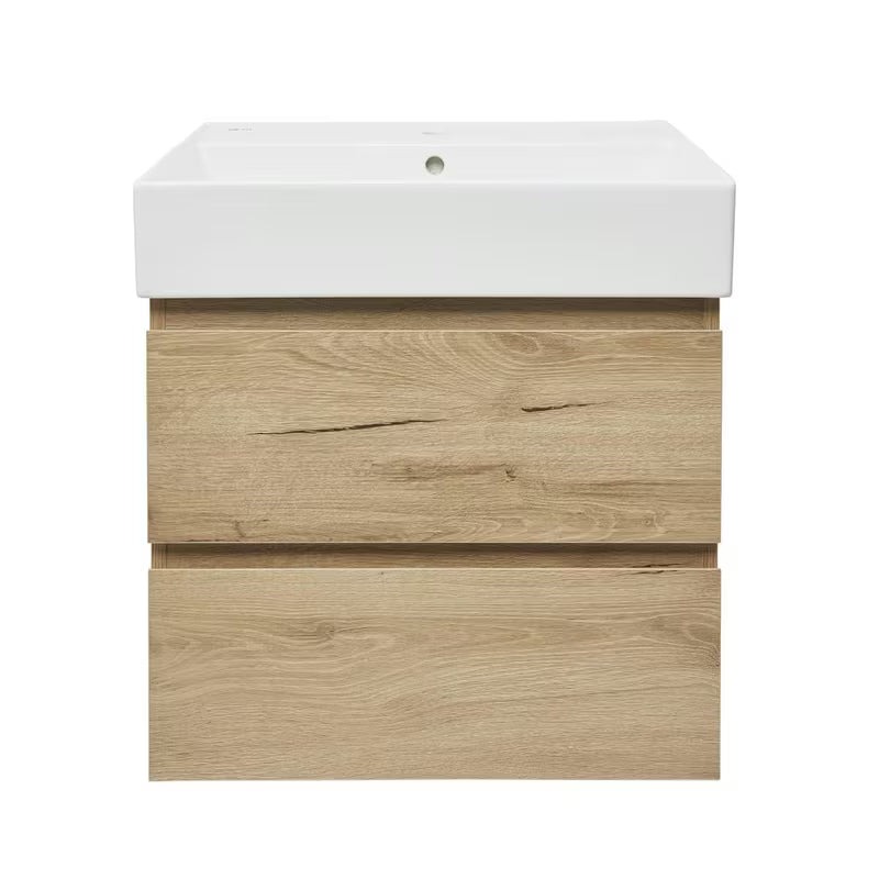 Viseča kopalniška omarica SAT B-Way u dekoru hrasta s keramičkim umivaonikom i dvije ladice.