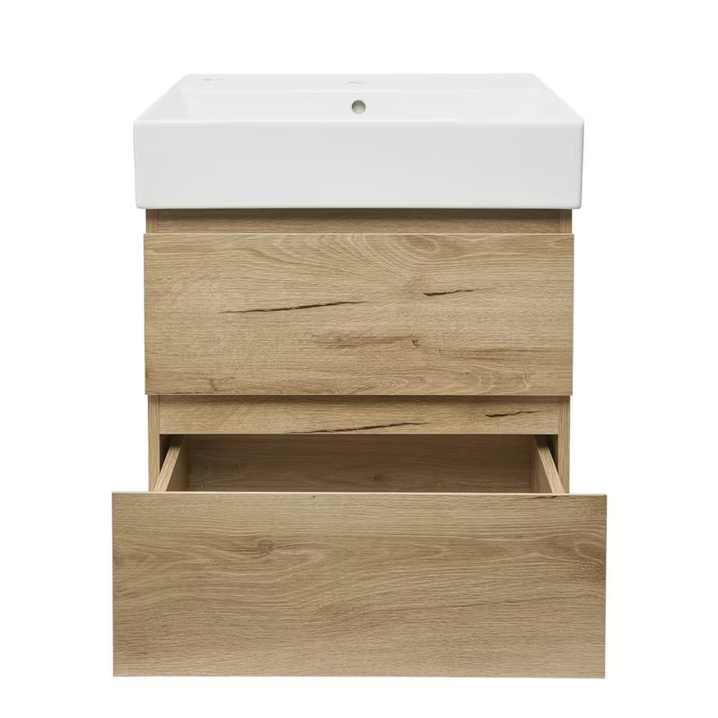 Viseča kopalniška omarica SAT B-Way u dekoru hrasta s keramičkim umivaonikom i dvije ladice.