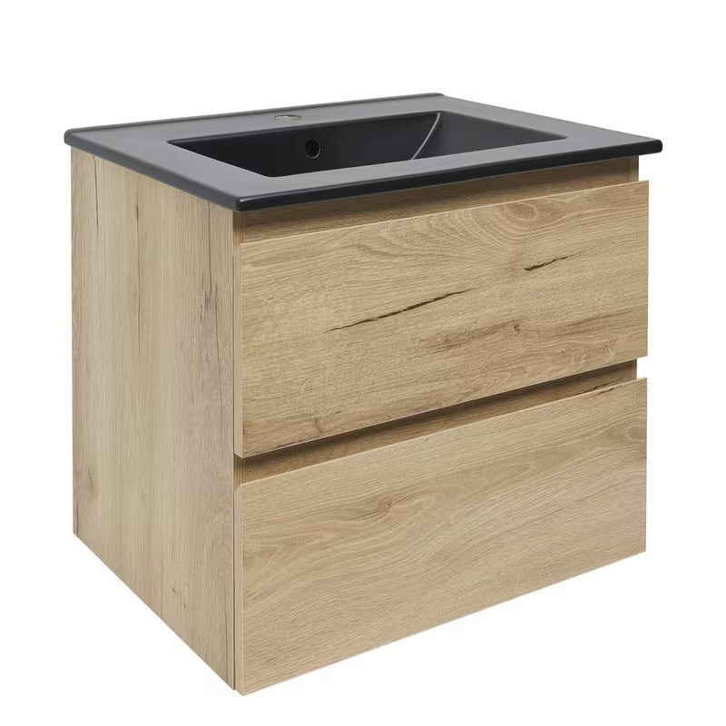 Viseča kopalniška omarica SAT B-Way u dekoru hrasta s keramičkim umivaonikom i dvije ladice