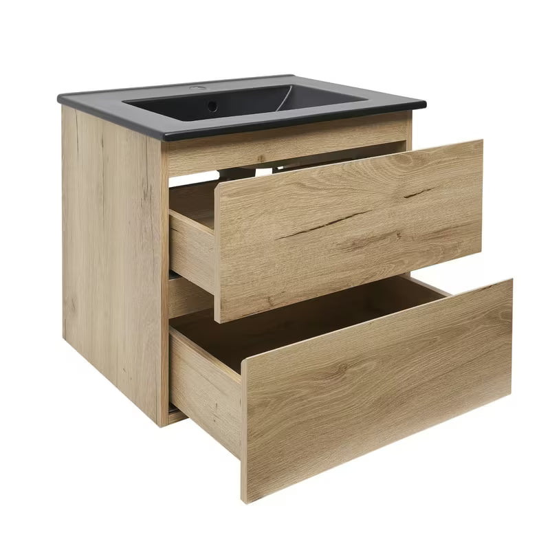 Viseča kopalniška omarica SAT B-Way u dekoru hrasta s keramičkim umivaonikom i dvije ladice