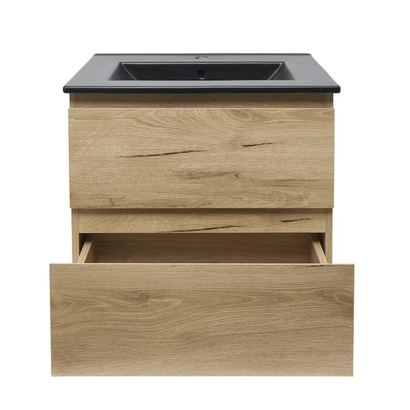 Viseča kopalniška omarica SAT B-Way u dekoru hrasta s keramičkim umivaonikom i dvije ladice