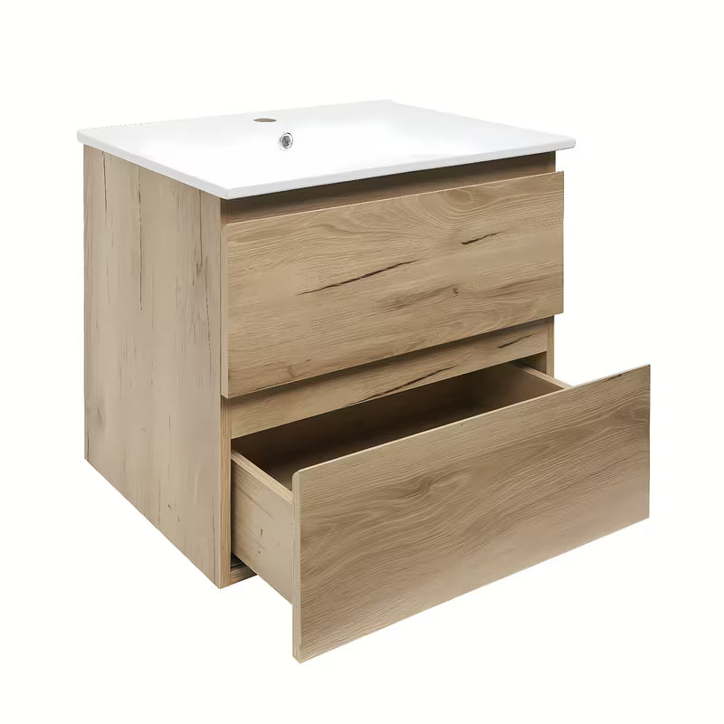 Viseča kopalniška omarica SAT B-Way u dekoru hrasta s keramičkim umivaonikom i dvije ladice