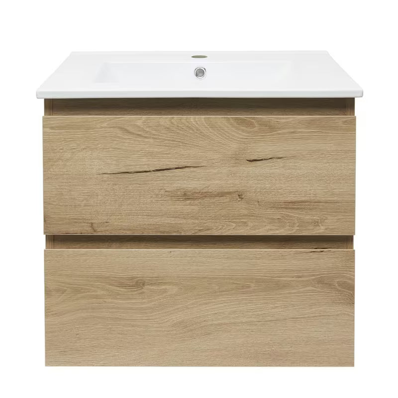 Viseča kopalniška omarica SAT B-Way u dekoru hrasta s keramičkim umivaonikom i dvije ladice