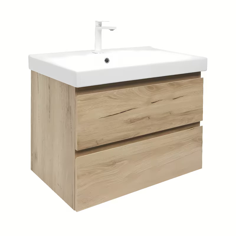 Viseča kopalniška omarica s keramičkim umivaonikom SAT B-Way u dekoru hrasta, mat izvedba