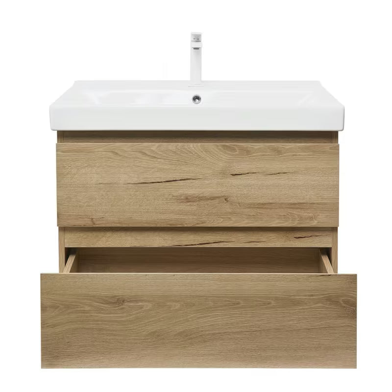 Viseča kopalniška omarica s keramičkim umivaonikom SAT B-Way u dekoru hrasta, mat izvedba