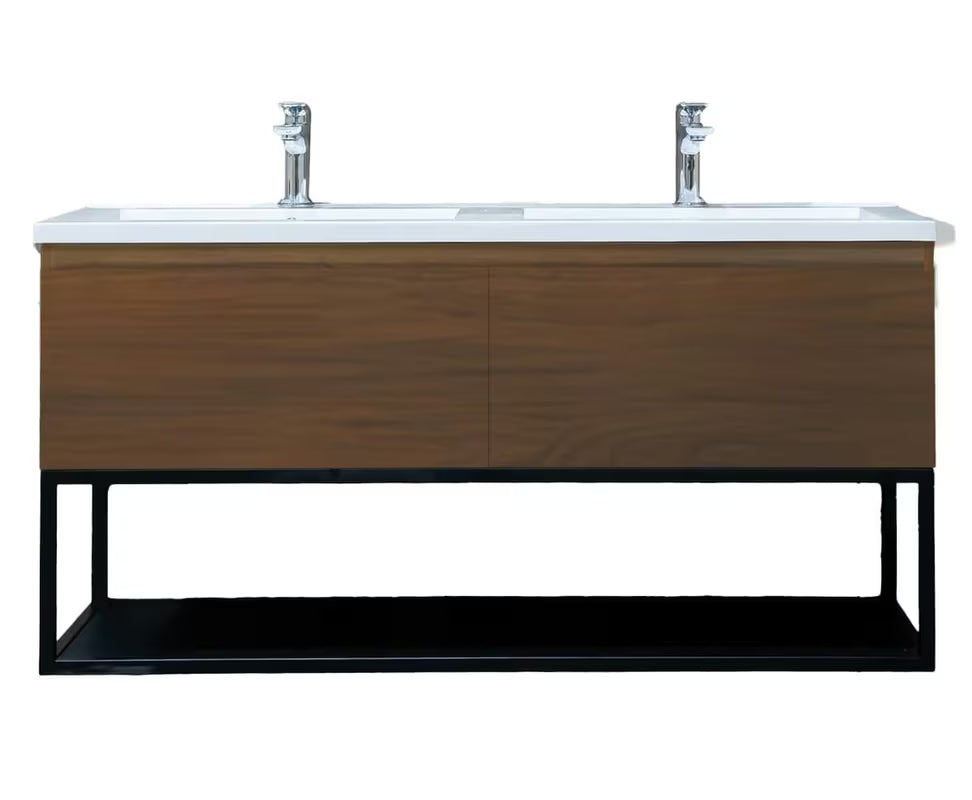 Viseča kopalniška omarica SAT B-Way u dekoru oraha s crnim metalnim okvirom i dvostrukim umivaonikom.