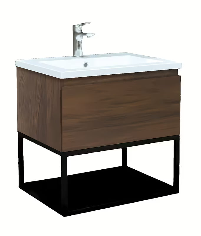 Viseča omarica z umivalnikom SAT B-Way u dekoru oraha s crnim metalnim okvirom