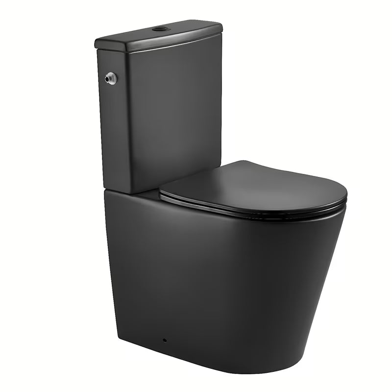 Samostoječi WC monoblok SAT Brevis v črno-mat izvedbi z brezrobno školjko in sedežem mehko Zapiranje Soft Close.