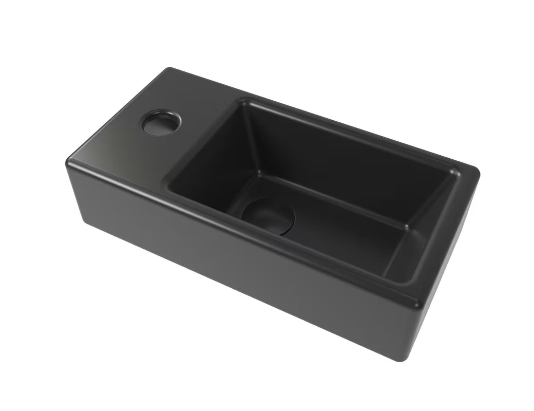 Viseče umivalnik SAT Brevis 40,5x20,5 cm v mat črni barvi z levo odprtino pro armature.