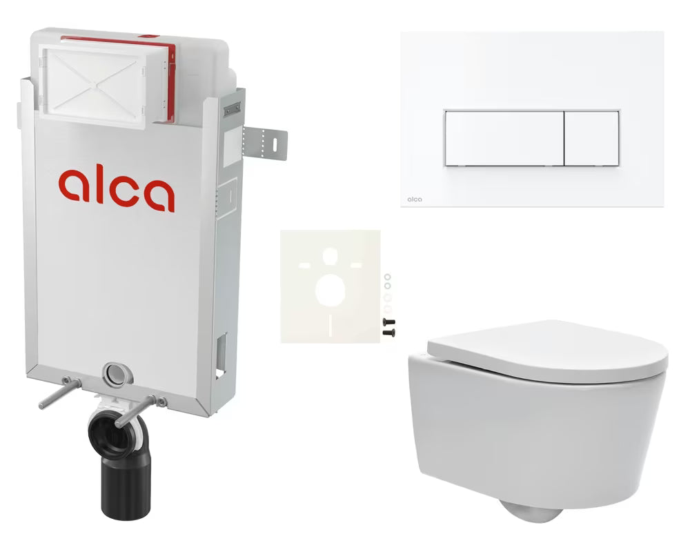 Viseči WC set SAT Brevis s podometnim modulom Alca, tipko za splakovanje in WC-desko s funkcijo mehko Zapiranje Soft Close.