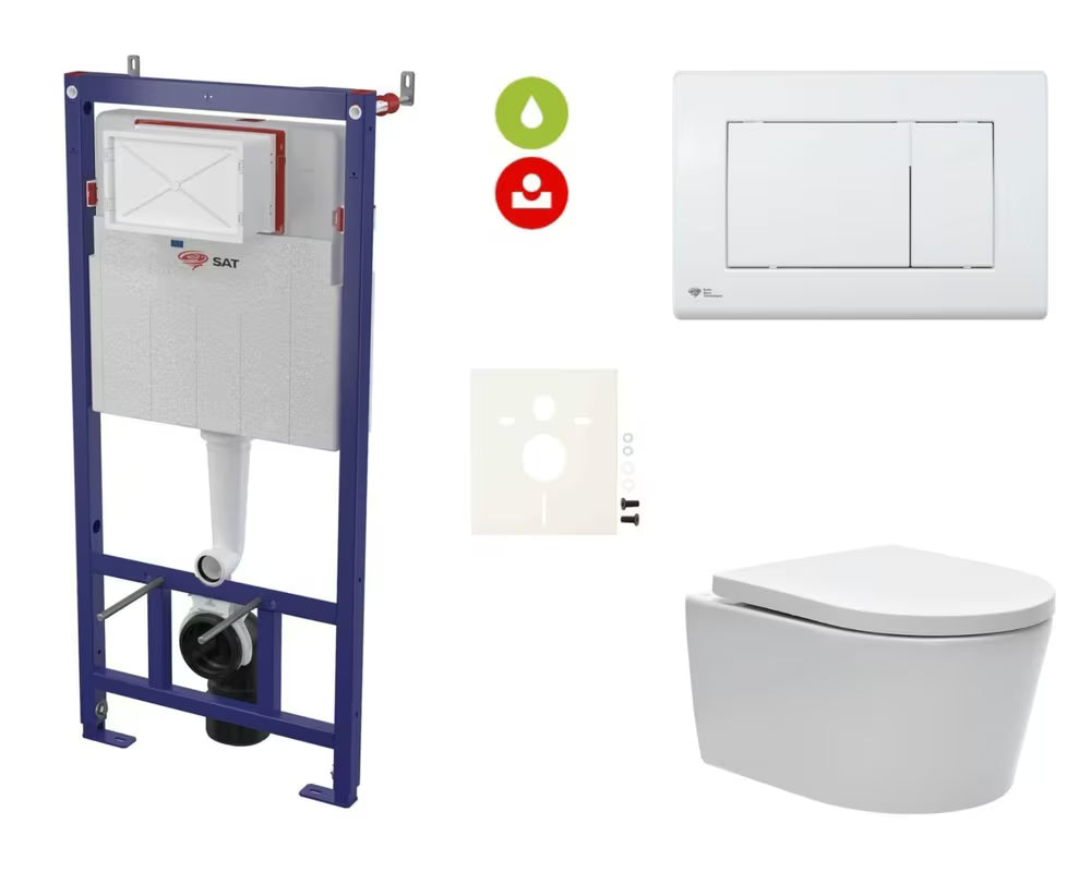 Viseči WC set SAT Brevis s podometnim splakovalnikom, tipko za splakovanje in sedežem mehko Zapiranje Soft Close