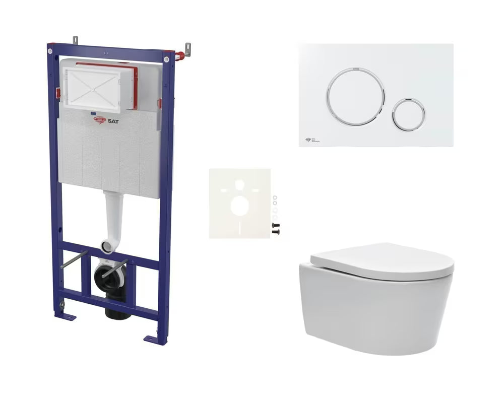 Viseči WC set SAT Brevis s podometnim splakovalnikom, splakovalno tipko in sedežem s funkcijama mehko Zapiranje Soft Close in EasyLock.