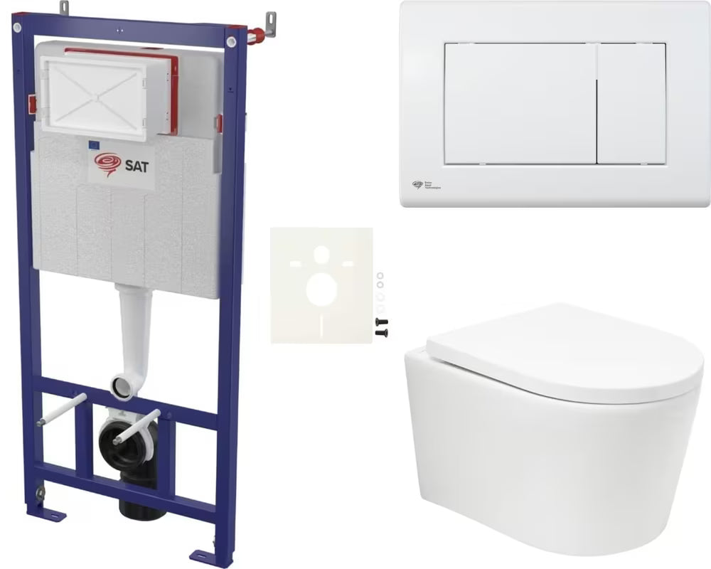 Viseči WC set SAT Brevis v sijajni beli barvi z vrtinčnim splakovanjem in sedežem mehko Zapiranje Soft Close