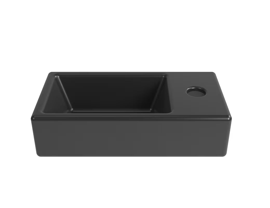 Viseče keramički umivalnik SAT Brevis 40,5x20,5 cm u mat crnoj boji s otvorom za pro slavinu desno.