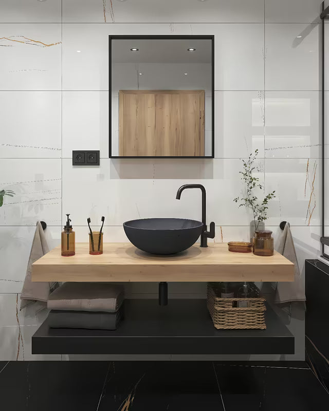 Antracitni betonski umivalnik na ploščo SAT Cemento 42x42 cm s tankim stijenkama