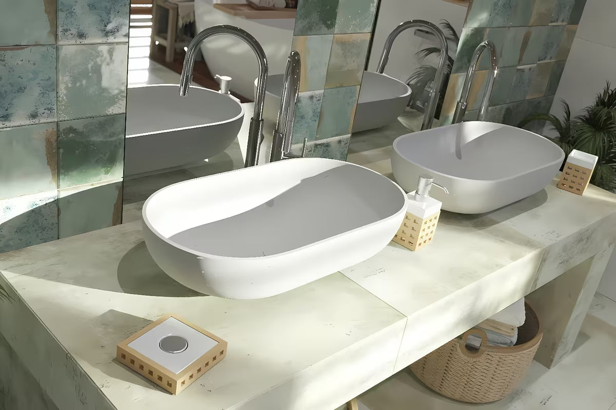 Sivi betonski umivalnik na ploščo SAT Cemento 65x35 cm zaobljenog oblika i tankih stijenki.