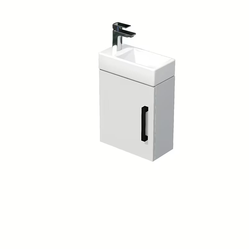 Viseča kopalniška omarica SAT Cube Way 1 s keramičnim umivalnikom v beli sijajni izvedbi s črnim ročajem.