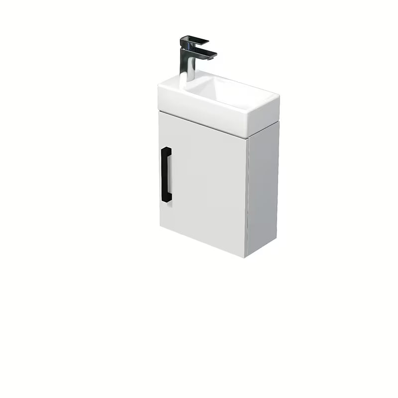 Viseča kopalniška omarica SAT Cube Way 1 s keramičkim umivaonikom u bijelom sjaju s crnom ručkicom.