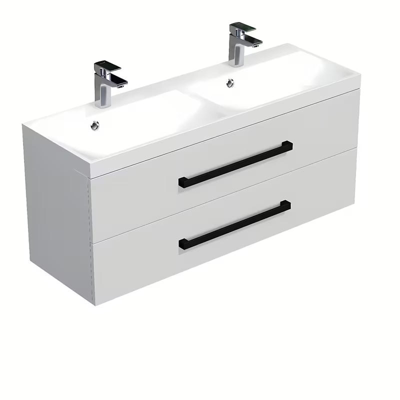 Viseča kopalniška omarica SAT Cube Way z dvojnim umivalnikom 120x40 cm v beli sijajni izvedbi s črnimi ročaji.