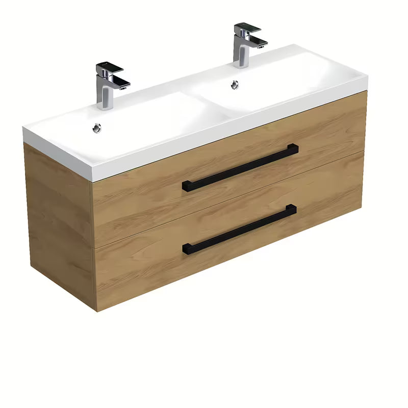 Viseča kopalniška omarica z umivalnikom SAT Cube Way 120x40 cm v dekorju hrasta hickory s črnimi ročaji