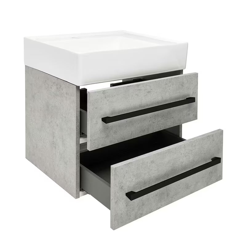 Viseča kopalniška omarica s keramičnim umivalnikom SAT Cube Way v dekorju beton 60x46x53 cm