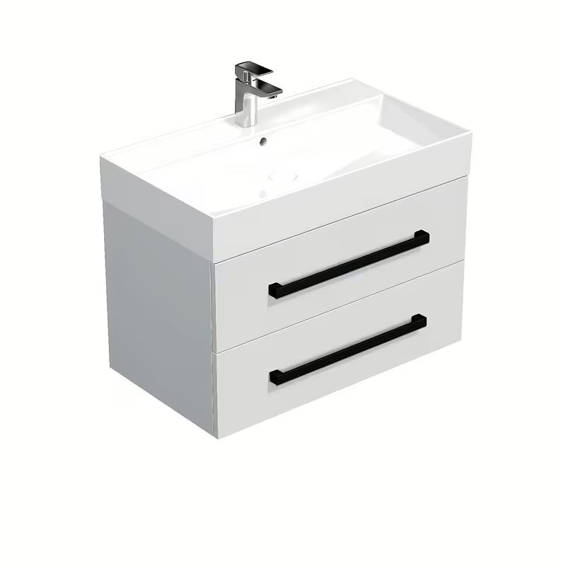 Viseča kopalniška omarica SAT Cube Way s keramičnim umivalnikom v beli sijajni barvi in črnimi ročaji.