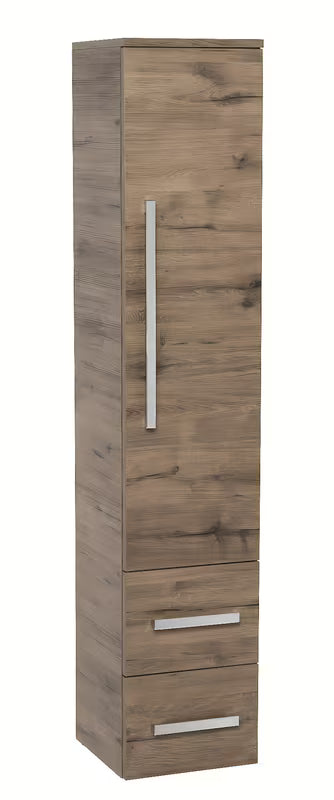 Visoka kopalniška omarica SAT Cube Way u dekoru hrasta wellington s vratima i dvije ladice.
