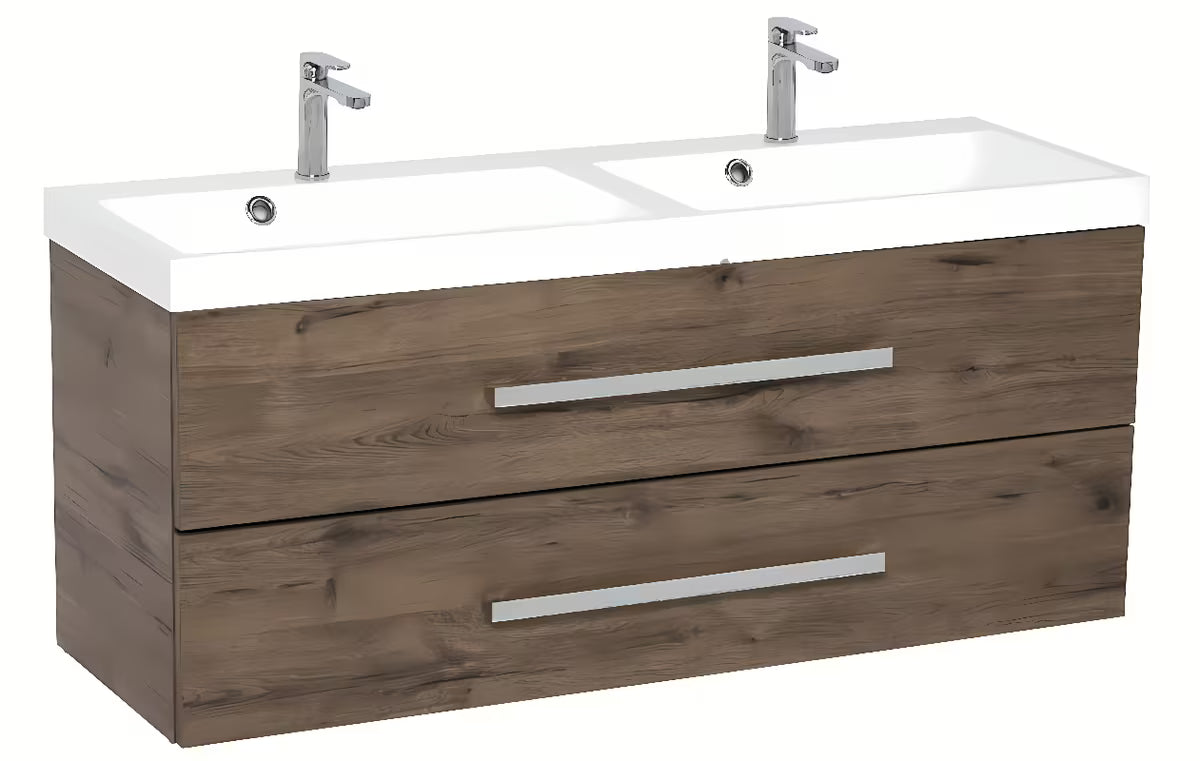 Viseča kopalniška omarica SAT Cube Way z dvojnim umivalnikom u dekoru hrasta wellington