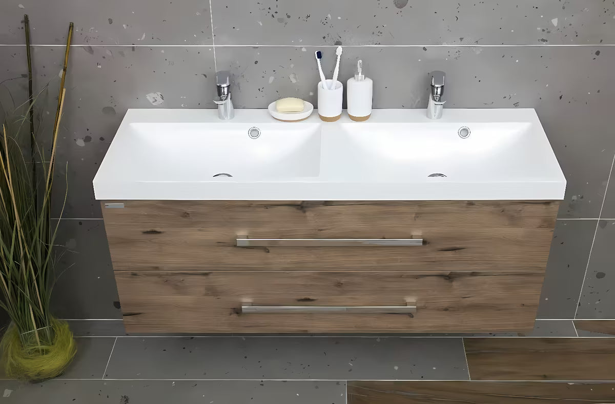 Viseča kopalniška omarica SAT Cube Way z dvojnim umivalnikom u dekoru hrasta wellington