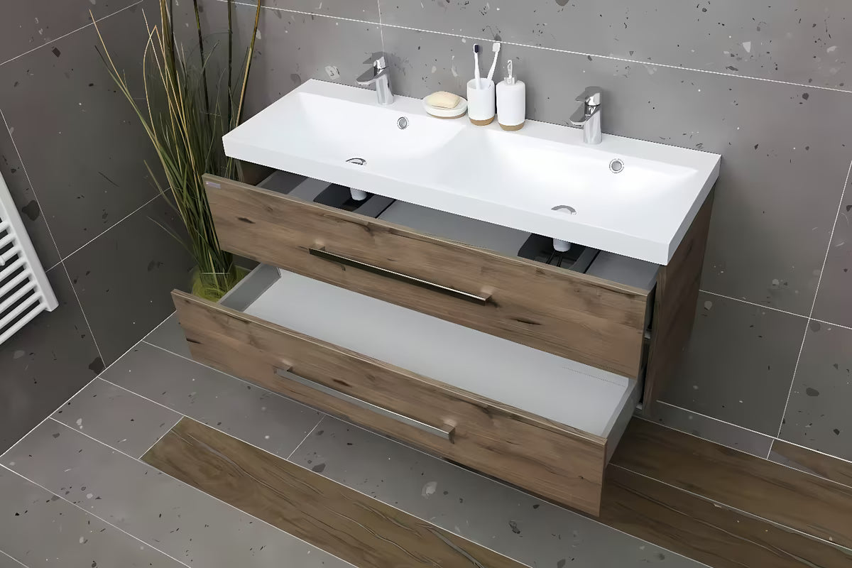 Viseča kopalniška omarica SAT Cube Way z dvojnim umivalnikom u dekoru hrasta wellington