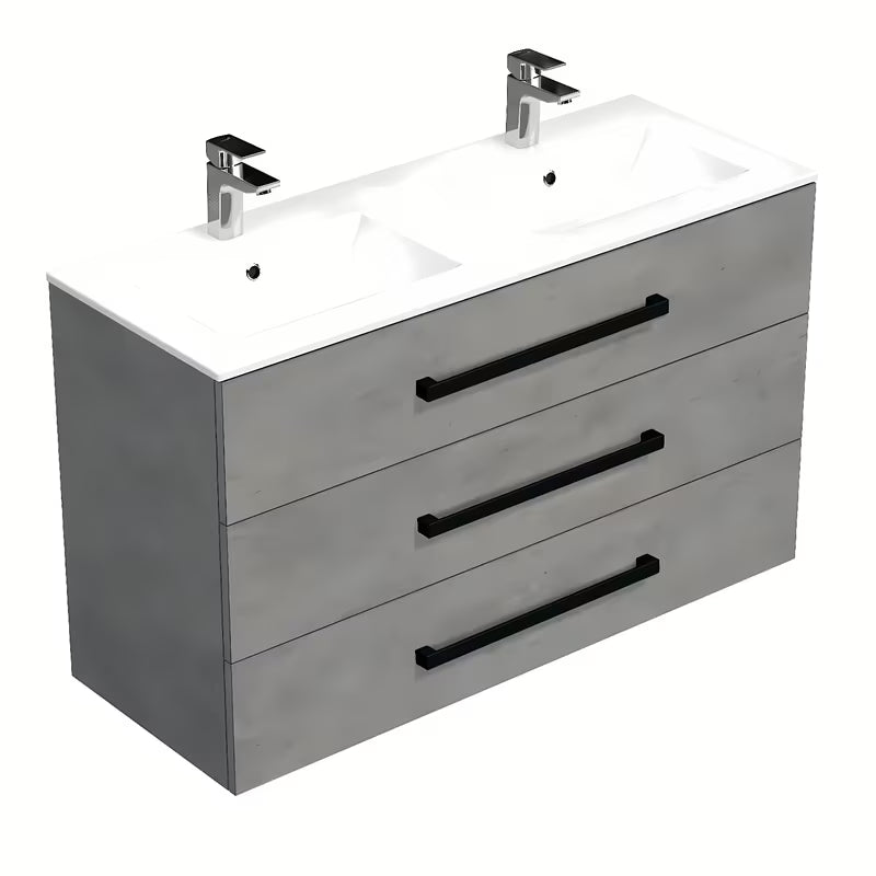 Viseča kopalniška omarica SAT Cube Way s keramičkim umivaonikom u imitaciji betona i crnim ručkicama