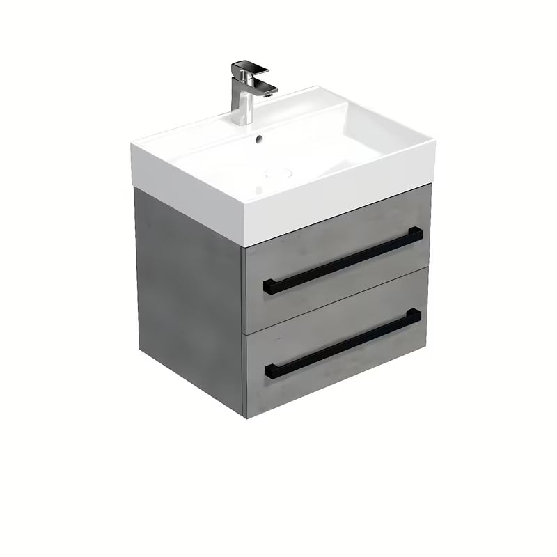 Viseča kopalniška omarica SAT Cube Way s keramičkim umivaonikom u dekoru betona i crnim mat ručkicama