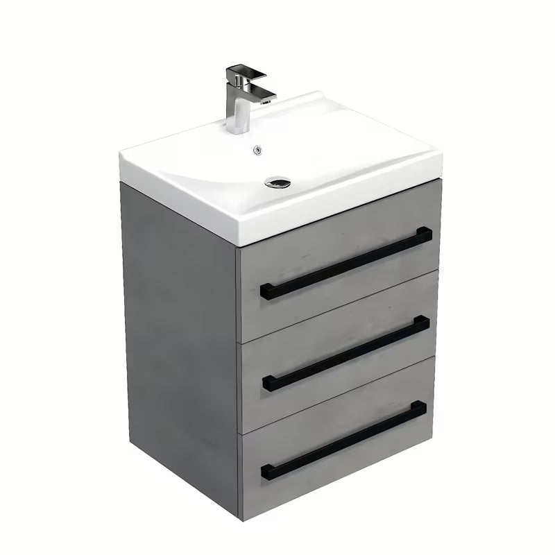 Viseča kopalniška omarica s keramičkim umivaonikom SAT Cube Way u imitaciji betona s crnim ručkicama.